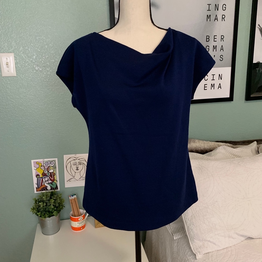 St. John Navy Blue Cowl Neck Wool Short Sleeve Top